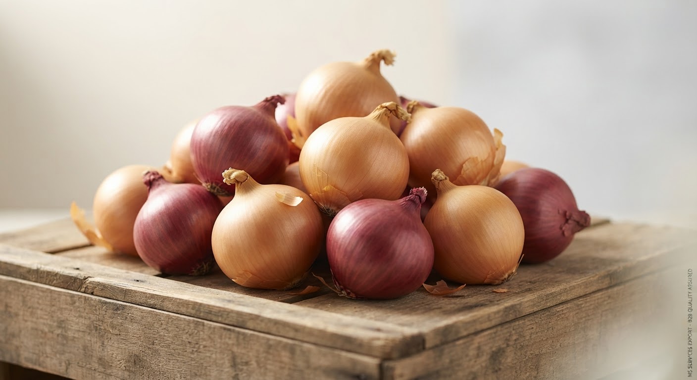 Oignons frais jaunes, rouges et blancs en sacs pour export B2B
