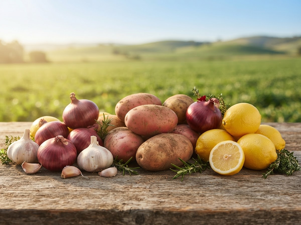 Fruits et légumes frais en gros pour export B2B — pommes de terre, oignons, ail et citrons