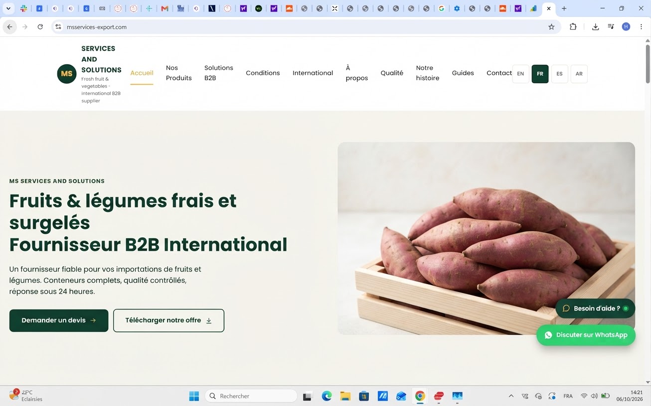 Patates douces fraîches calibrées en cageots pour export